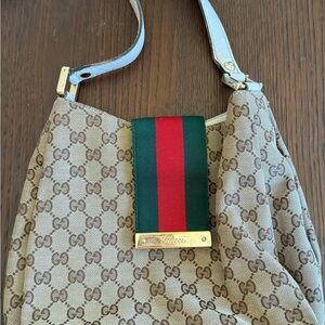Gucci Beige and Brown Shoulder Bag with Red and Green Accent
